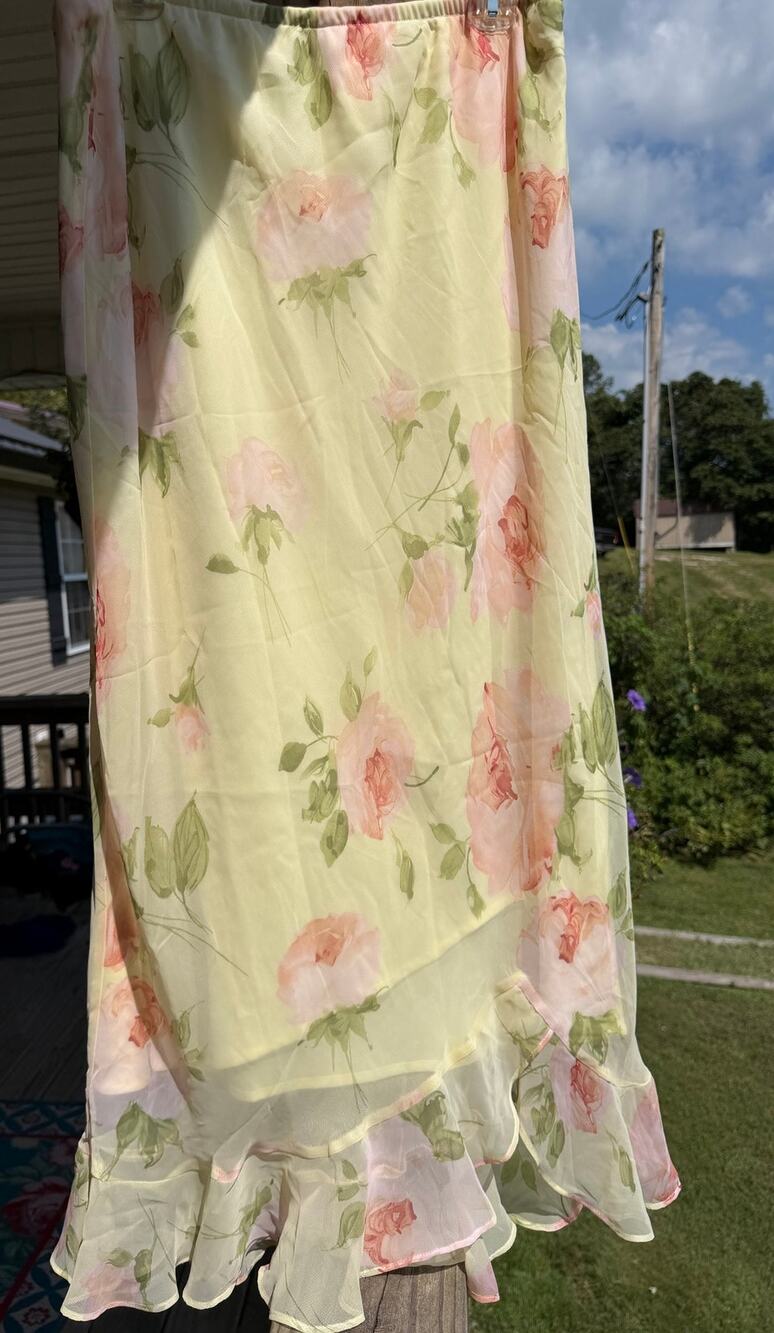 VTG 90s MSK Yellow Rose Chiffon Ruffle Maxi Skirt 16 Fairycore Coquette Garden